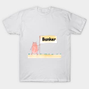 Banker. Profession, work, job. Cat shows a banner with the inscription. Watercolor illustration. A gift for a professional. T-Shirt